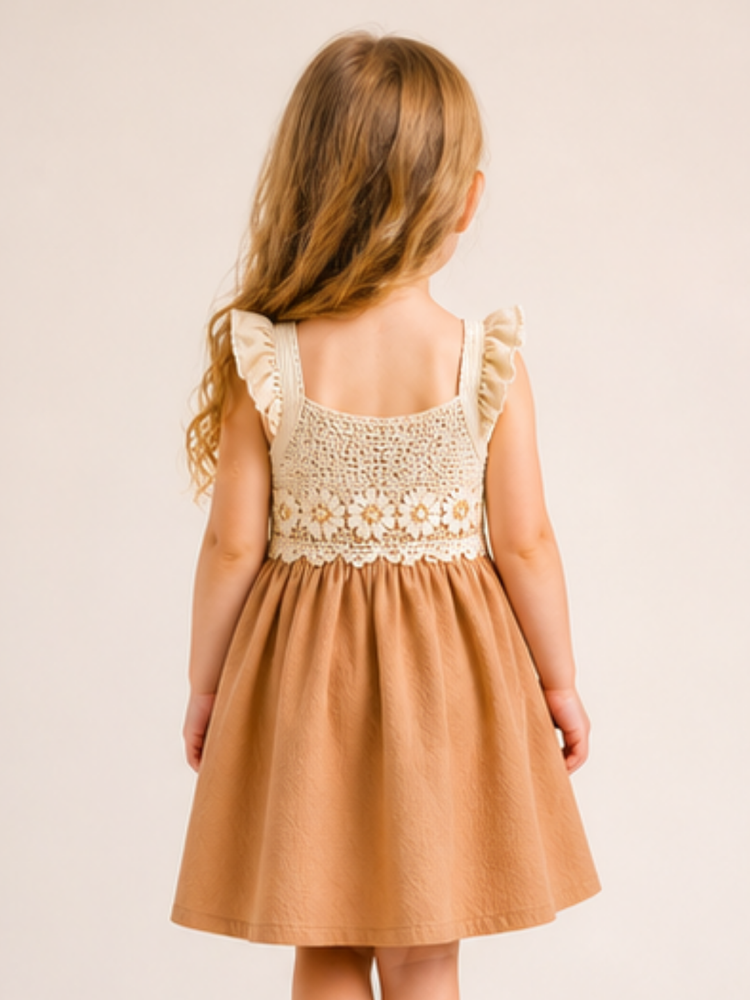 Girls Beige Lace Yoke Fit & Flare Dress | Elegant Sleeveless Party Dress for Kids (1–6 Years)