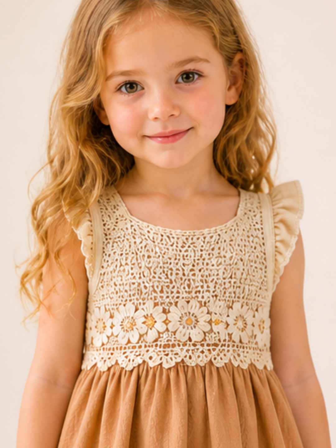 Girls Beige Lace Yoke Fit & Flare Dress | Elegant Sleeveless Party Dress for Kids (1–6 Years)