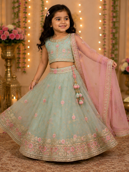 Girls Sea Green Floral Embroidered Lehenga Choli with Pink Dupatta | Kids Designer Ethnic Wear | Party & Wedding Wear Lehenga Set for Girls (1–8 Years)