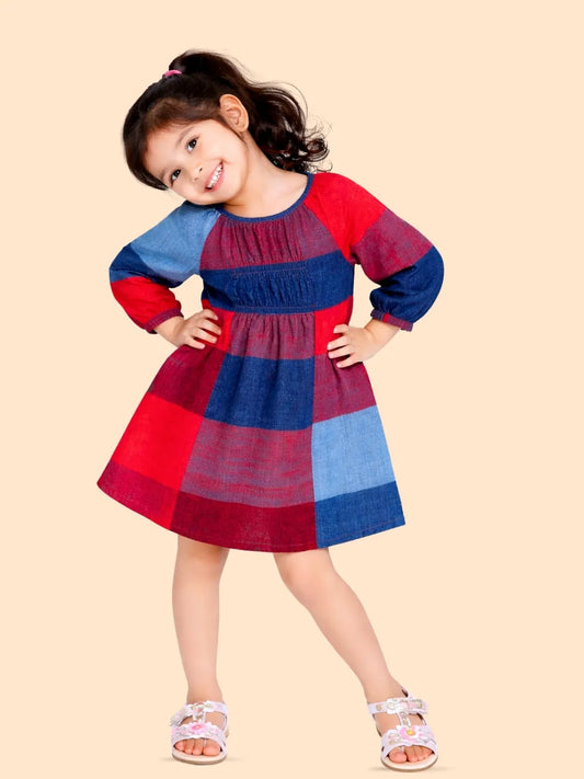 Girls Red & Blue Checkered Dress | Stylish Casual Cotton Dress for Kids (2-6 Years)