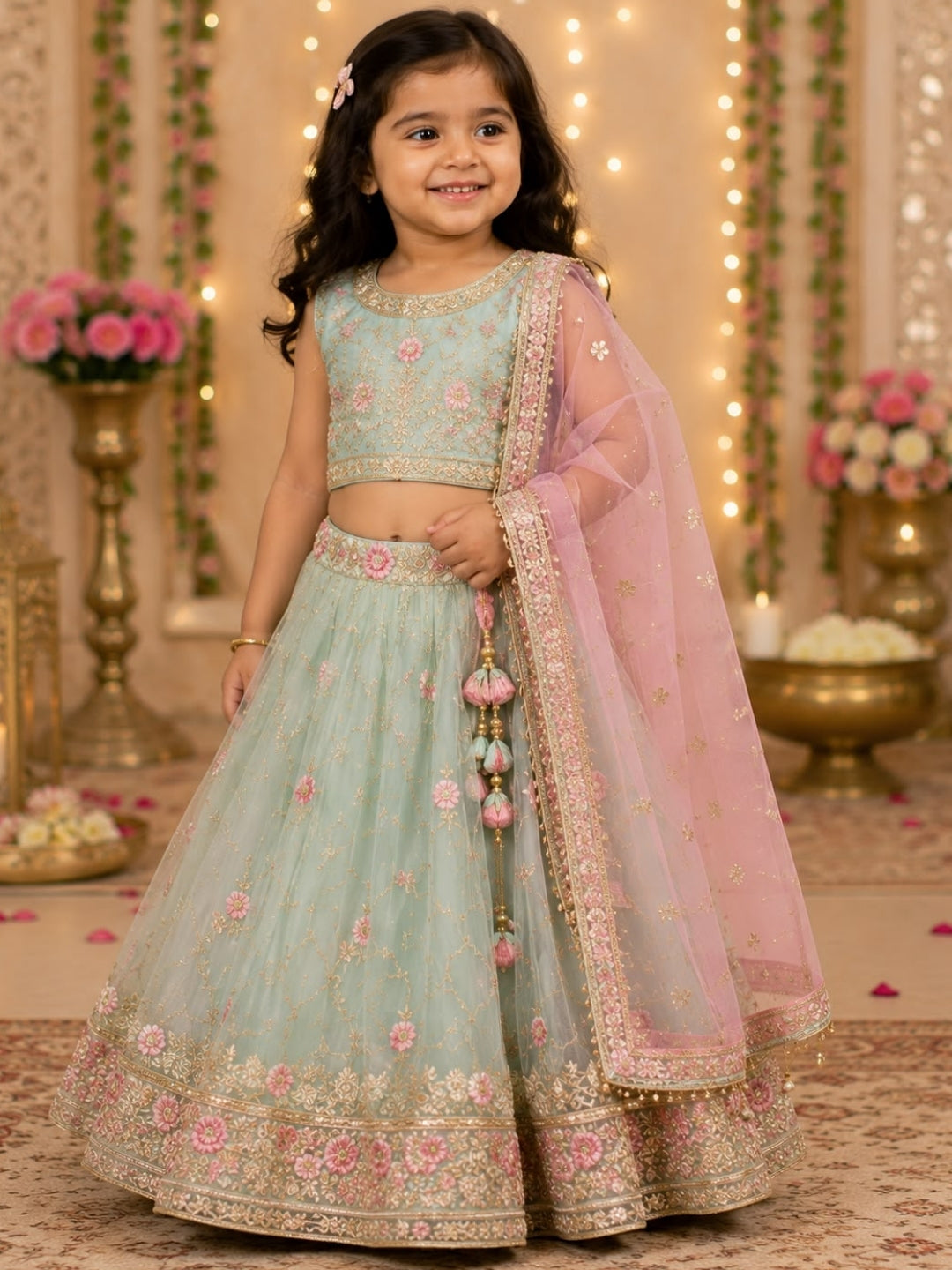 Girls Sea Green Floral Embroidered Lehenga Choli with Pink Dupatta | Kids Designer Ethnic Wear | Party & Wedding Wear Lehenga Set for Girls (1–8 Years)