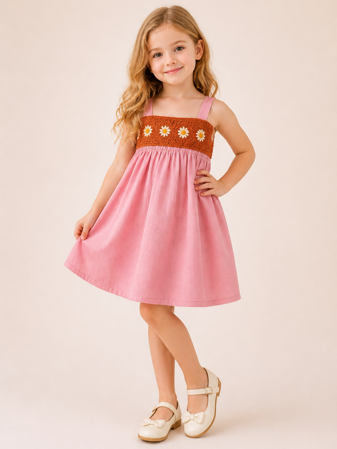 Girls Pink Smocked Dress with Daisy Embroidery | Sleeveless Cotton Fit & Flare Dress for Kids (1–6 Years)