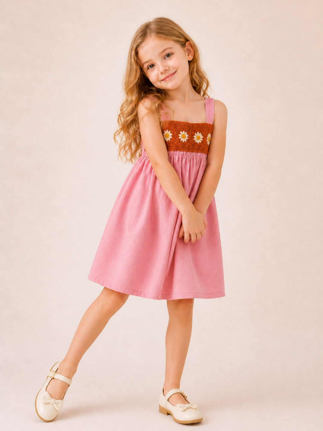 Girls Pink Smocked Dress with Daisy Embroidery | Sleeveless Cotton Fit & Flare Dress for Kids (1–6 Years)