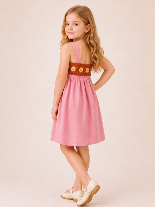 Girls Pink Smocked Dress with Daisy Embroidery | Sleeveless Cotton Fit & Flare Dress for Kids (1–6 Years)