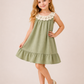 Girls Sage Green Sleeveless Dress with Crochet Lace Collar | Elegant Cotton Ruffle Hem Dress for Kids (1–6 Years)