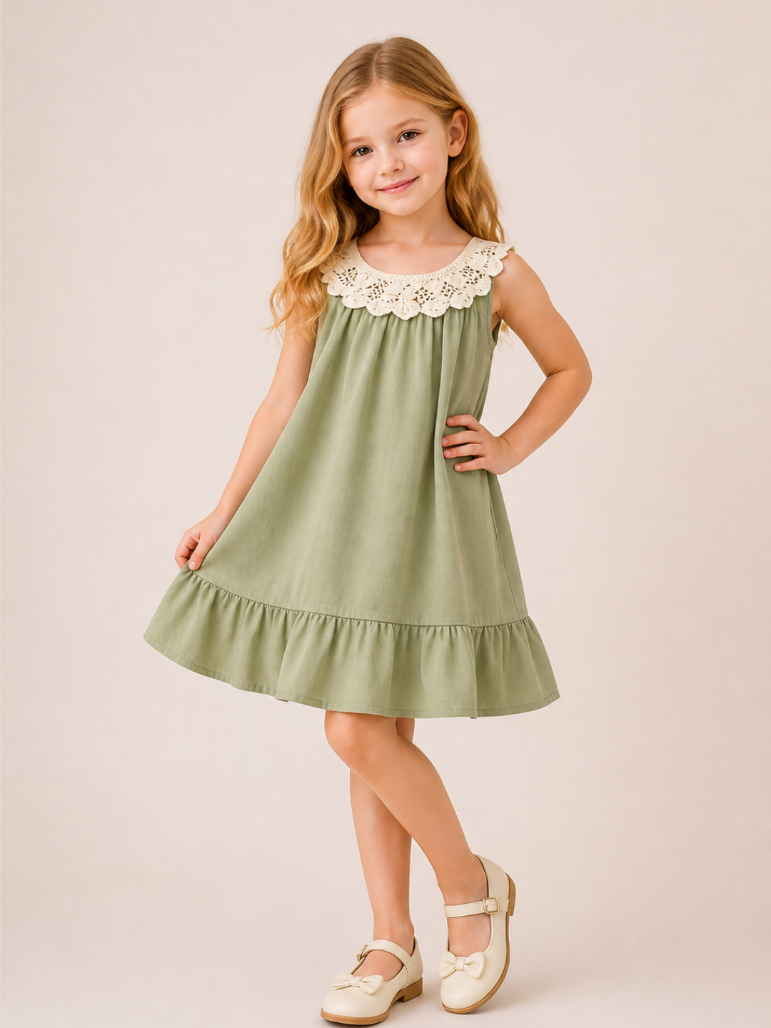Girls Sage Green Sleeveless Dress with Crochet Lace Collar | Elegant Cotton Ruffle Hem Dress for Kids (1–6 Years)