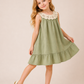Girls Sage Green Sleeveless Dress with Crochet Lace Collar | Elegant Cotton Ruffle Hem Dress for Kids (1–6 Years)