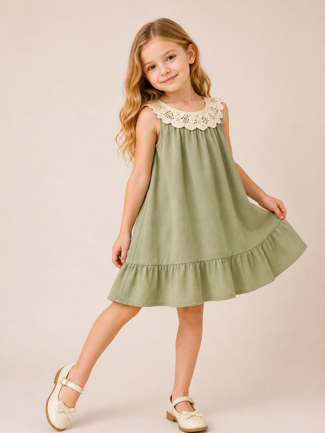Girls Sage Green Sleeveless Dress with Crochet Lace Collar | Elegant Cotton Ruffle Hem Dress for Kids (1–6 Years)