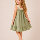 Girls Sage Green Sleeveless Dress with Crochet Lace Collar | Elegant Cotton Ruffle Hem Dress for Kids (1–6 Years)