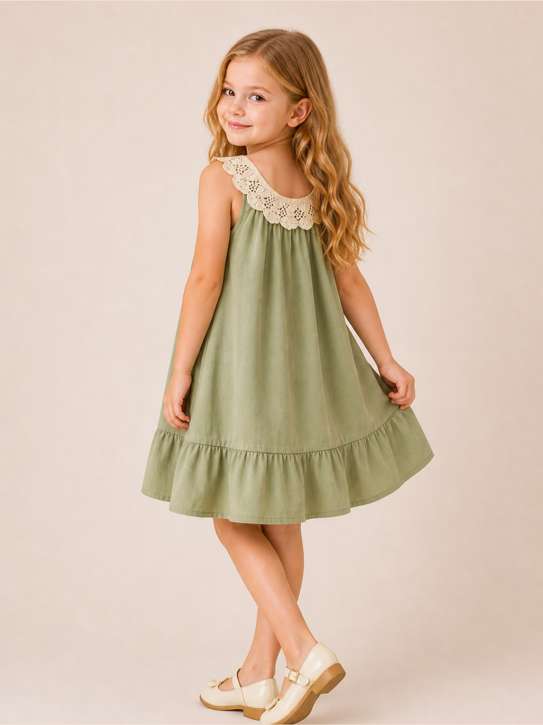 Girls Sage Green Sleeveless Dress with Crochet Lace Collar | Elegant Cotton Ruffle Hem Dress for Kids (1–6 Years)