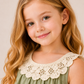 Girls Sage Green Sleeveless Dress with Crochet Lace Collar | Elegant Cotton Ruffle Hem Dress for Kids (1–6 Years)