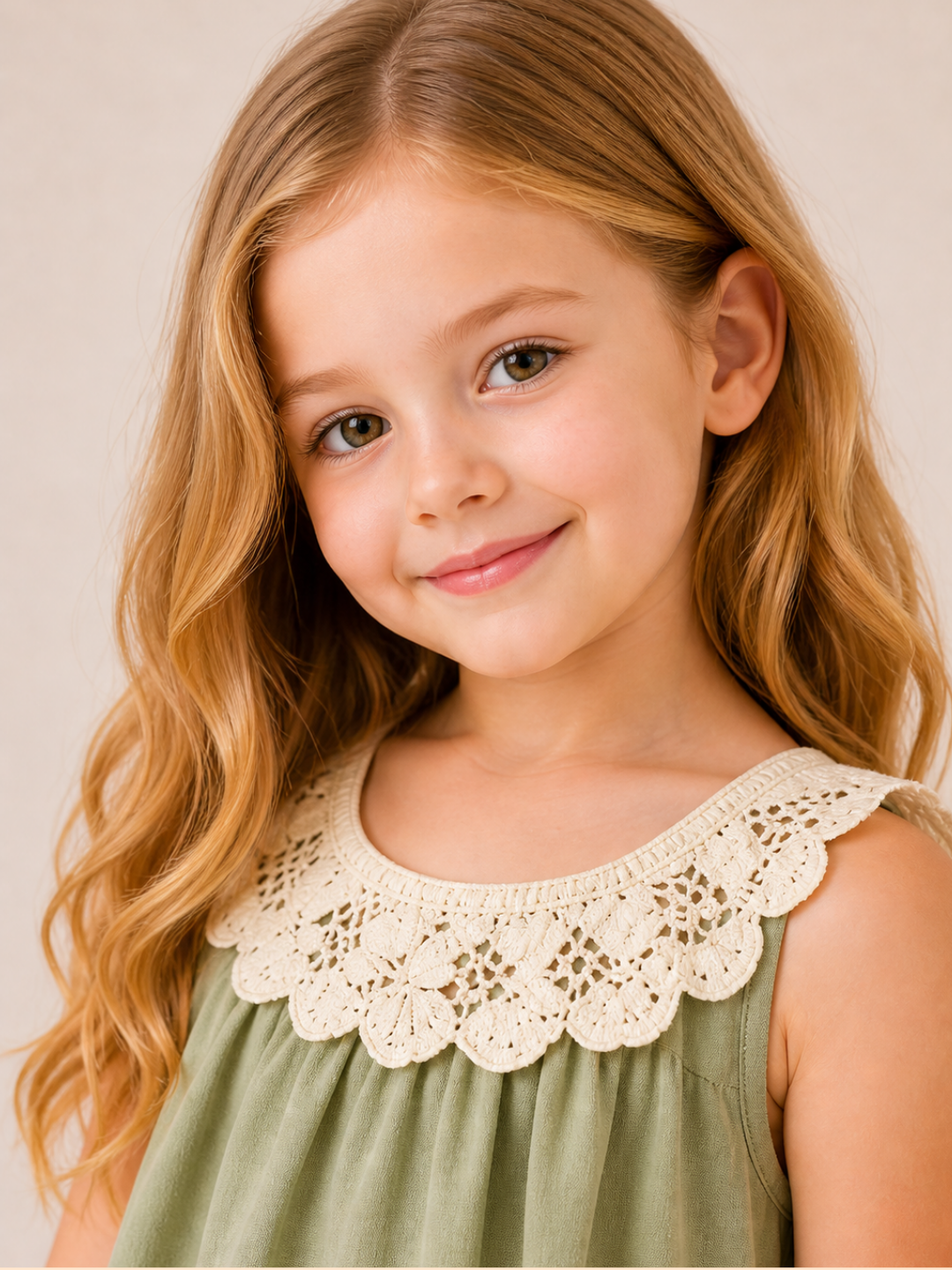 Girls Sage Green Sleeveless Dress with Crochet Lace Collar | Elegant Cotton Ruffle Hem Dress for Kids (1–6 Years)