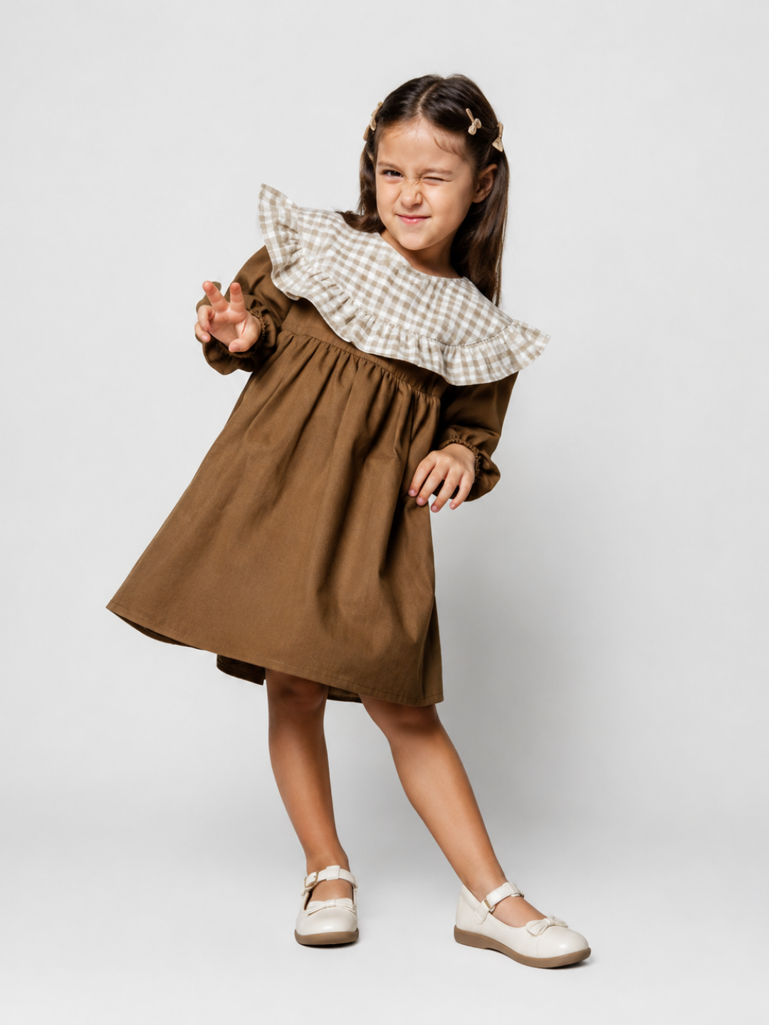 Girls Brown Cotton Dress with Gingham Ruffle Collar | Full Sleeve A-Line Dress for Kids (2–8 Years)