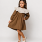 Girls Brown Cotton Dress with Gingham Ruffle Collar | Full Sleeve A-Line Dress for Kids (2–8 Years)