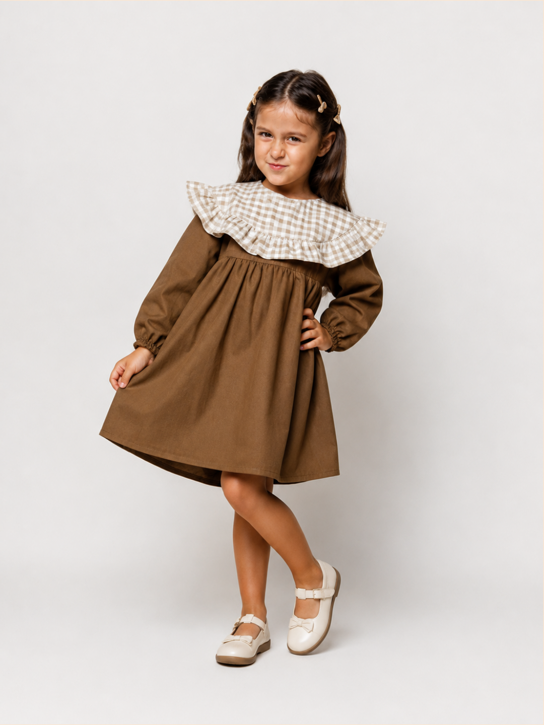 Girls Brown Cotton Dress with Gingham Ruffle Collar | Full Sleeve A-Line Dress for Kids (2–8 Years)