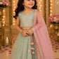 Girls Sea Green Floral Embroidered Lehenga Choli with Pink Dupatta | Kids Designer Ethnic Wear | Party & Wedding Wear Lehenga Set for Girls (1–8 Years)