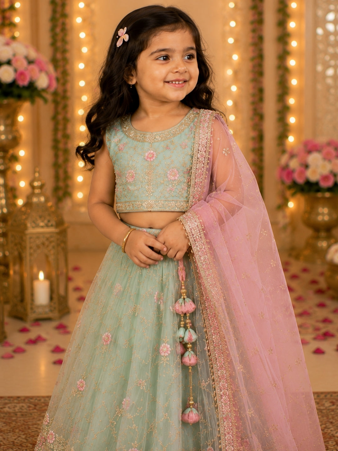Girls Sea Green Floral Embroidered Lehenga Choli with Pink Dupatta | Kids Designer Ethnic Wear | Party & Wedding Wear Lehenga Set for Girls (1–8 Years)