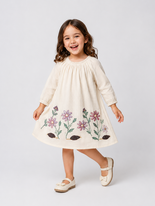 Girls Ivory Floral Embroidered Cotton Dress | Full Sleeve A-Line Party Dress for Kids (1–6 Years)