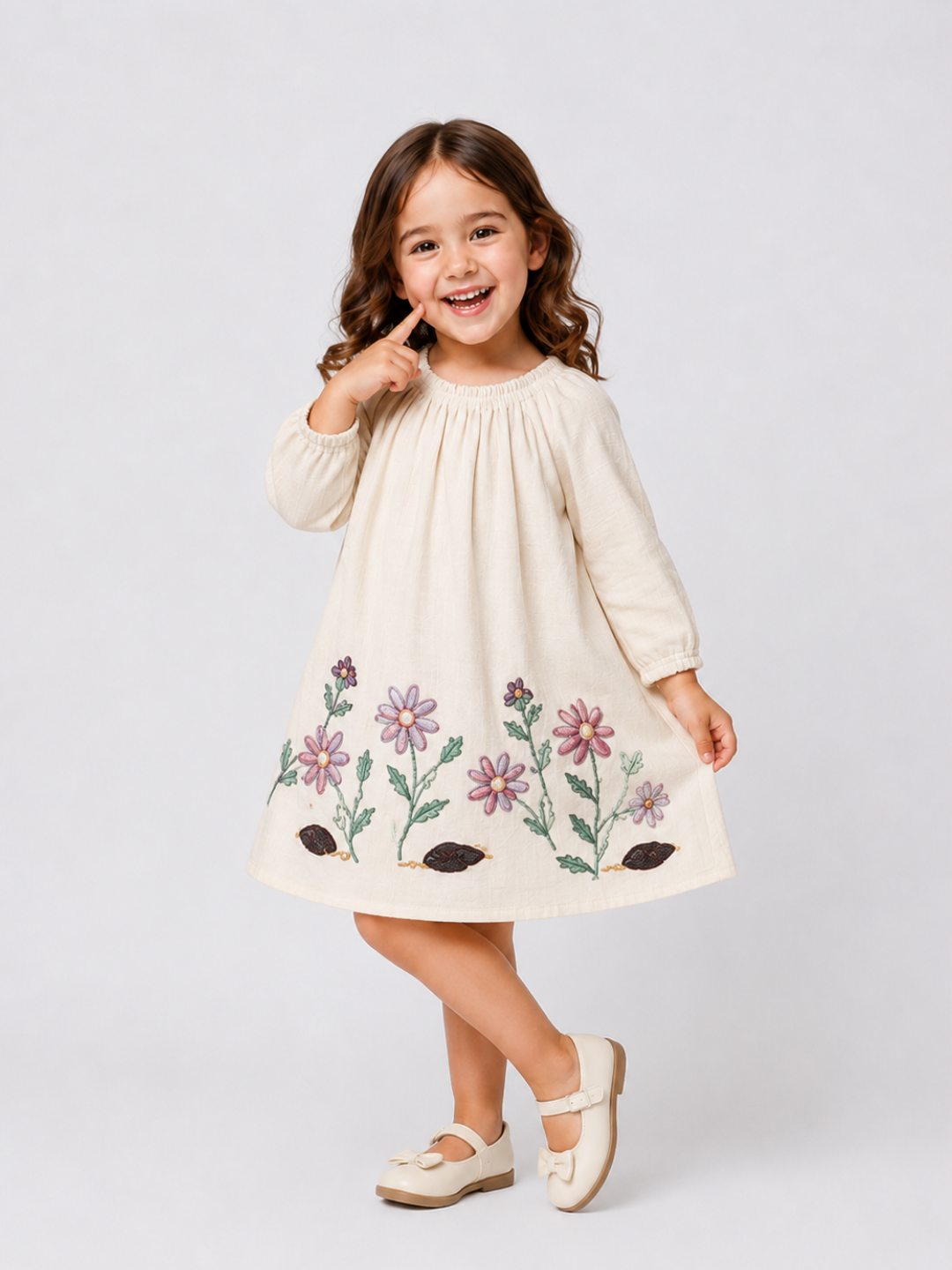 Girls Ivory Floral Embroidered Cotton Dress | Full Sleeve A-Line Party Dress for Kids (1–6 Years)