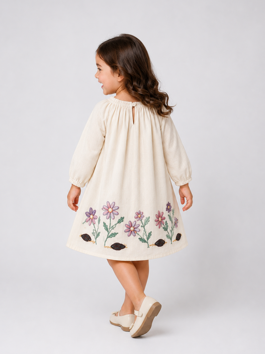 Girls Ivory Floral Embroidered Cotton Dress | Full Sleeve A-Line Party Dress for Kids (1–6 Years)