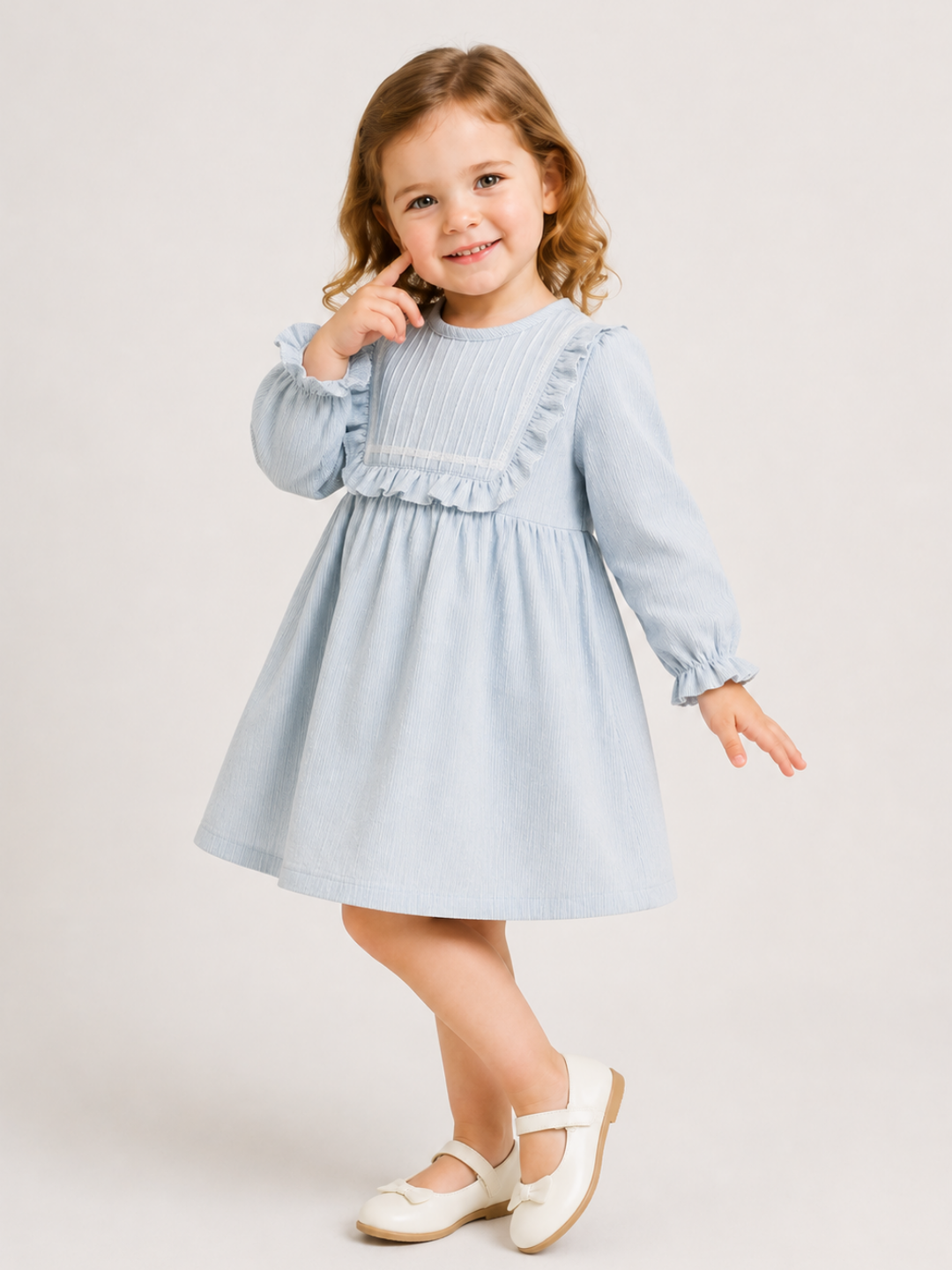 Girls Sky Blue Pintuck Cotton Dress with Ruffle Bib | Full Sleeve Elegant Party Dress for Kids (1–5 Years)
