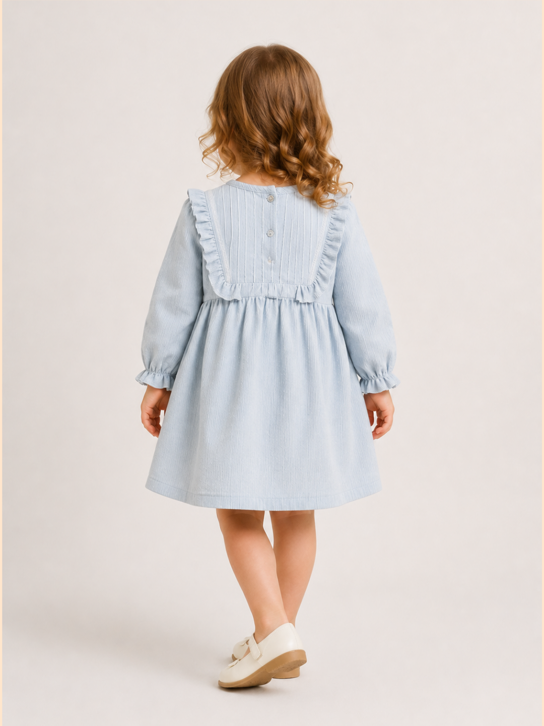 Girls Sky Blue Pintuck Cotton Dress with Ruffle Bib | Full Sleeve Elegant Party Dress for Kids (1–5 Years)