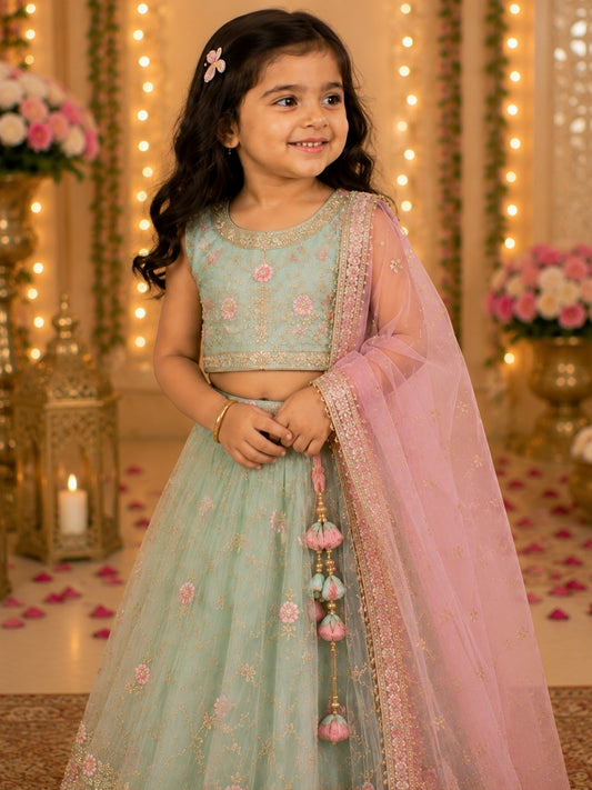 Girls Sea Green Floral Embroidered Lehenga Choli with Pink Dupatta | Kids Designer Ethnic Wear | Party & Wedding Wear Lehenga Set for Girls (1–8 Years)