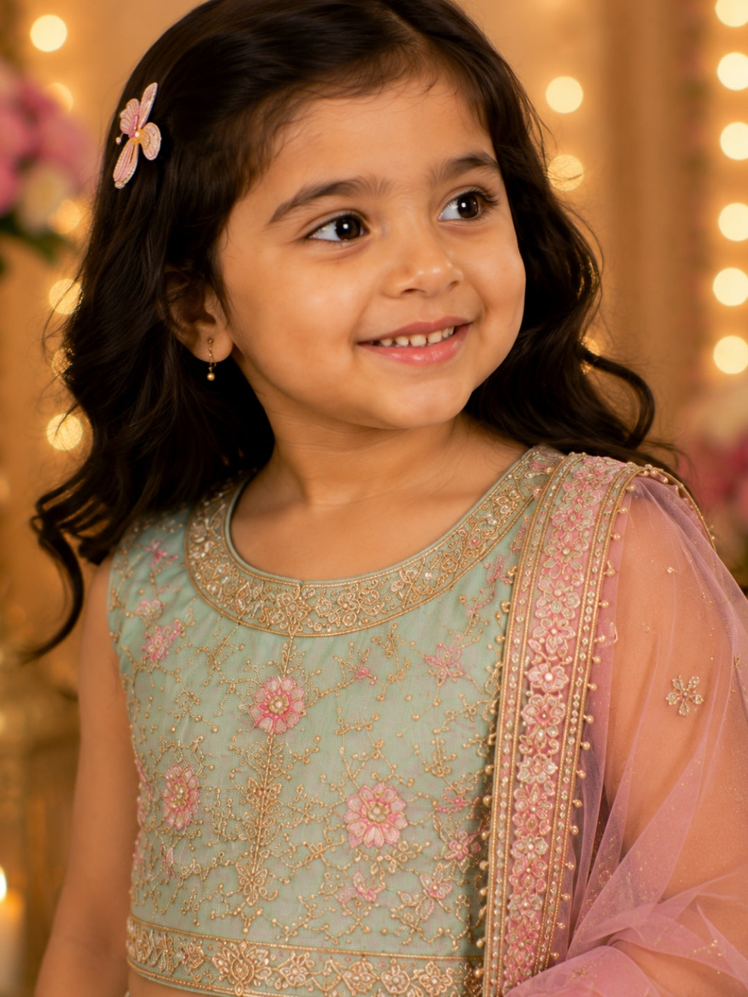 Girls Sea Green Floral Embroidered Lehenga Choli with Pink Dupatta | Kids Designer Ethnic Wear | Party & Wedding Wear Lehenga Set for Girls (1–8 Years)