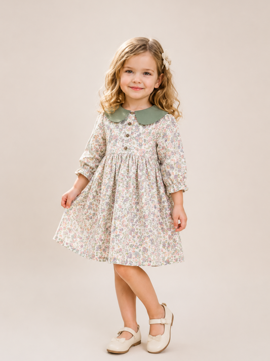 Girls Floral Cotton Dress with Sage Green Peter Pan Collar | Full Sleeve Vintage Party Dress for Kids (2–8 Years)