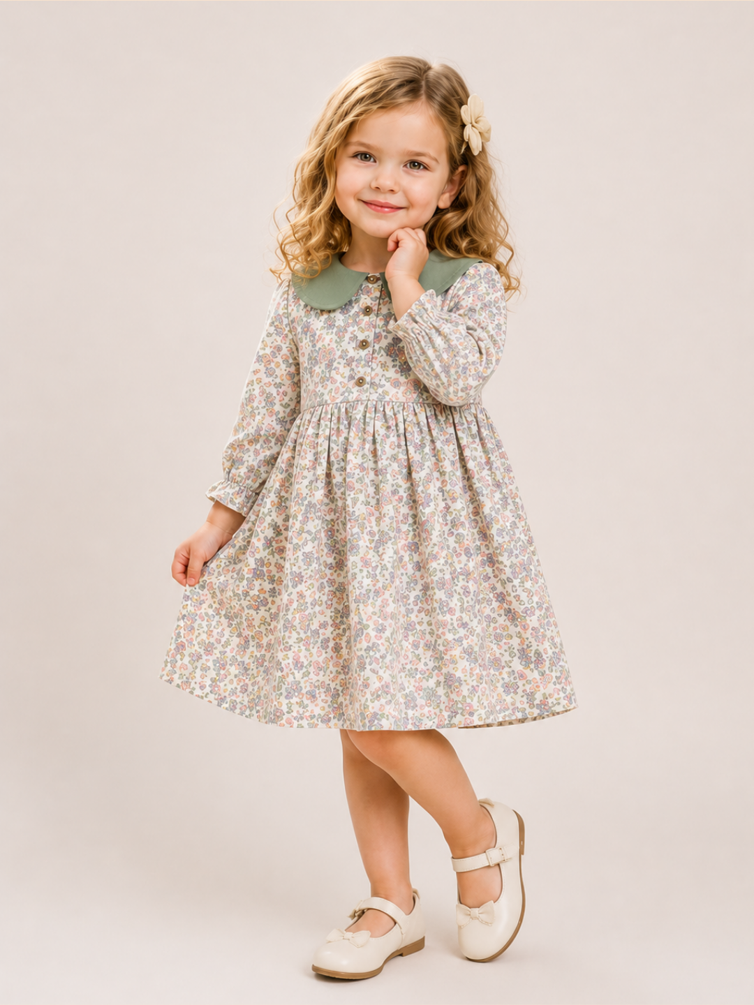 Girls Floral Cotton Dress with Sage Green Peter Pan Collar | Full Sleeve Vintage Party Dress for Kids (2–8 Years)