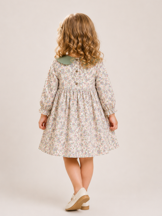 Girls Floral Cotton Dress with Sage Green Peter Pan Collar | Full Sleeve Vintage Party Dress for Kids (2–8 Years)