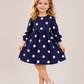 Girls Navy Blue Polka Dot Full Sleeve Dress | Elegant Cotton A-Line Party Dress for Kids (1–5 Years)