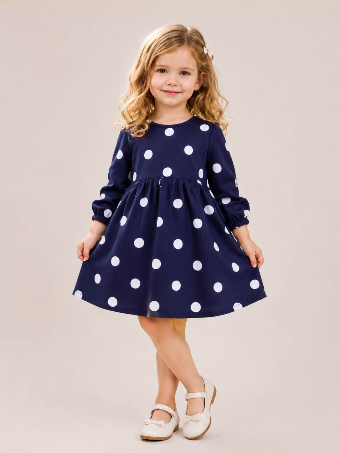 Girls Navy Blue Polka Dot Full Sleeve Dress | Elegant Cotton A-Line Party Dress for Kids (1–5 Years)