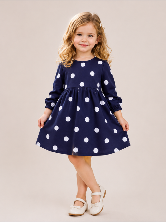 Girls Navy Blue Polka Dot Full Sleeve Dress | Elegant Cotton A-Line Party Dress for Kids (1–5 Years)