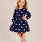 Girls Navy Blue Polka Dot Full Sleeve Dress | Elegant Cotton A-Line Party Dress for Kids (1–5 Years)