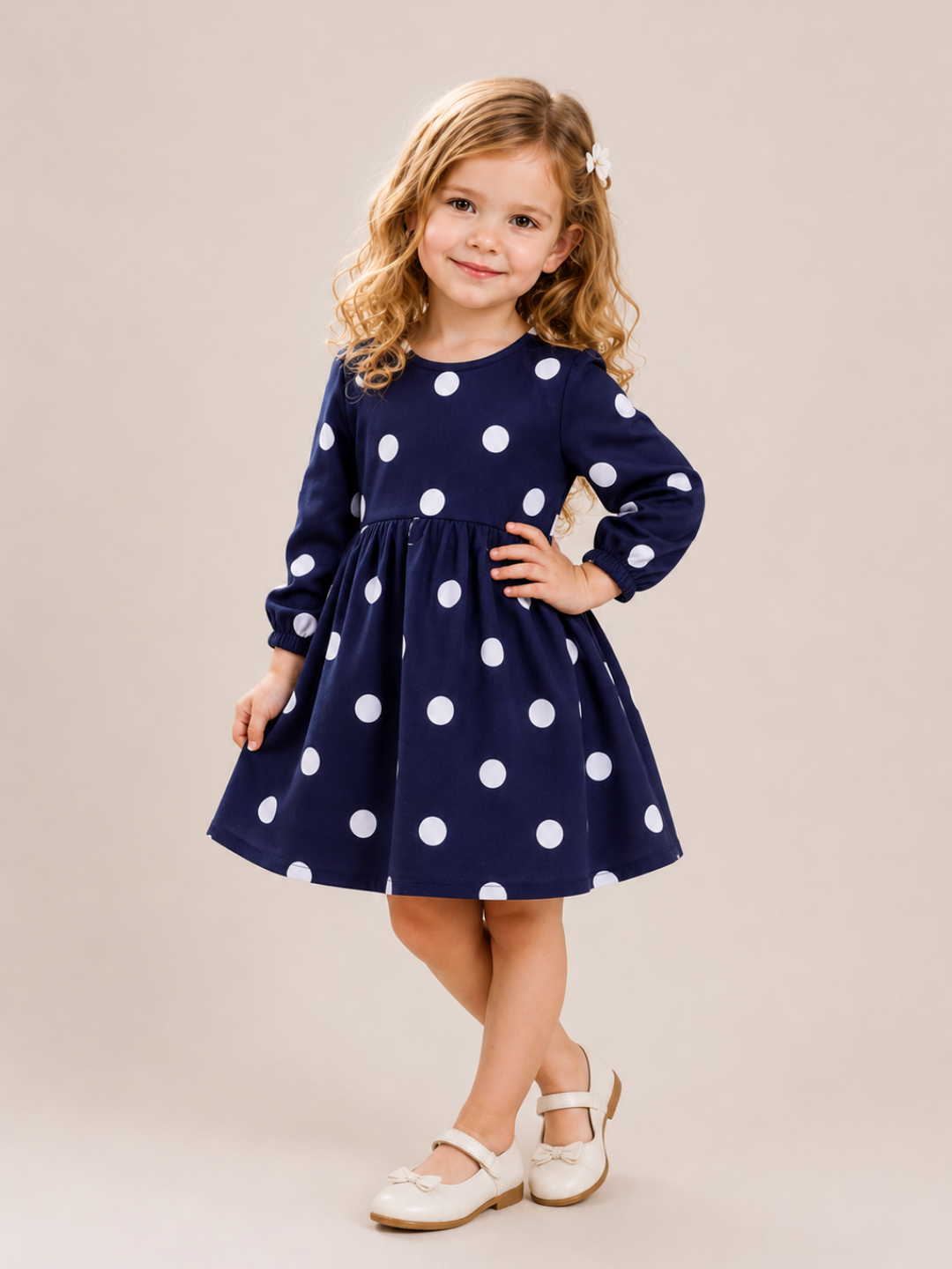 Girls Navy Blue Polka Dot Full Sleeve Dress | Elegant Cotton A-Line Party Dress for Kids (1–5 Years)
