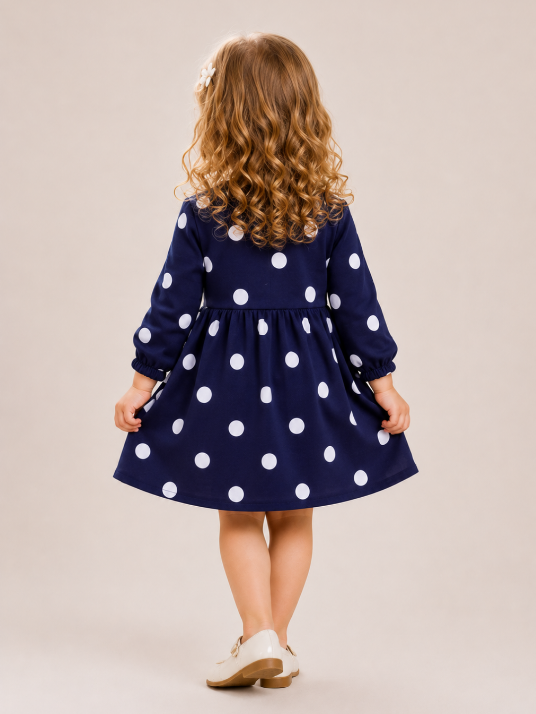 Girls Navy Blue Polka Dot Full Sleeve Dress | Elegant Cotton A-Line Party Dress for Kids (1–5 Years)