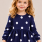 Girls Navy Blue Polka Dot Full Sleeve Dress | Elegant Cotton A-Line Party Dress for Kids (1–5 Years)