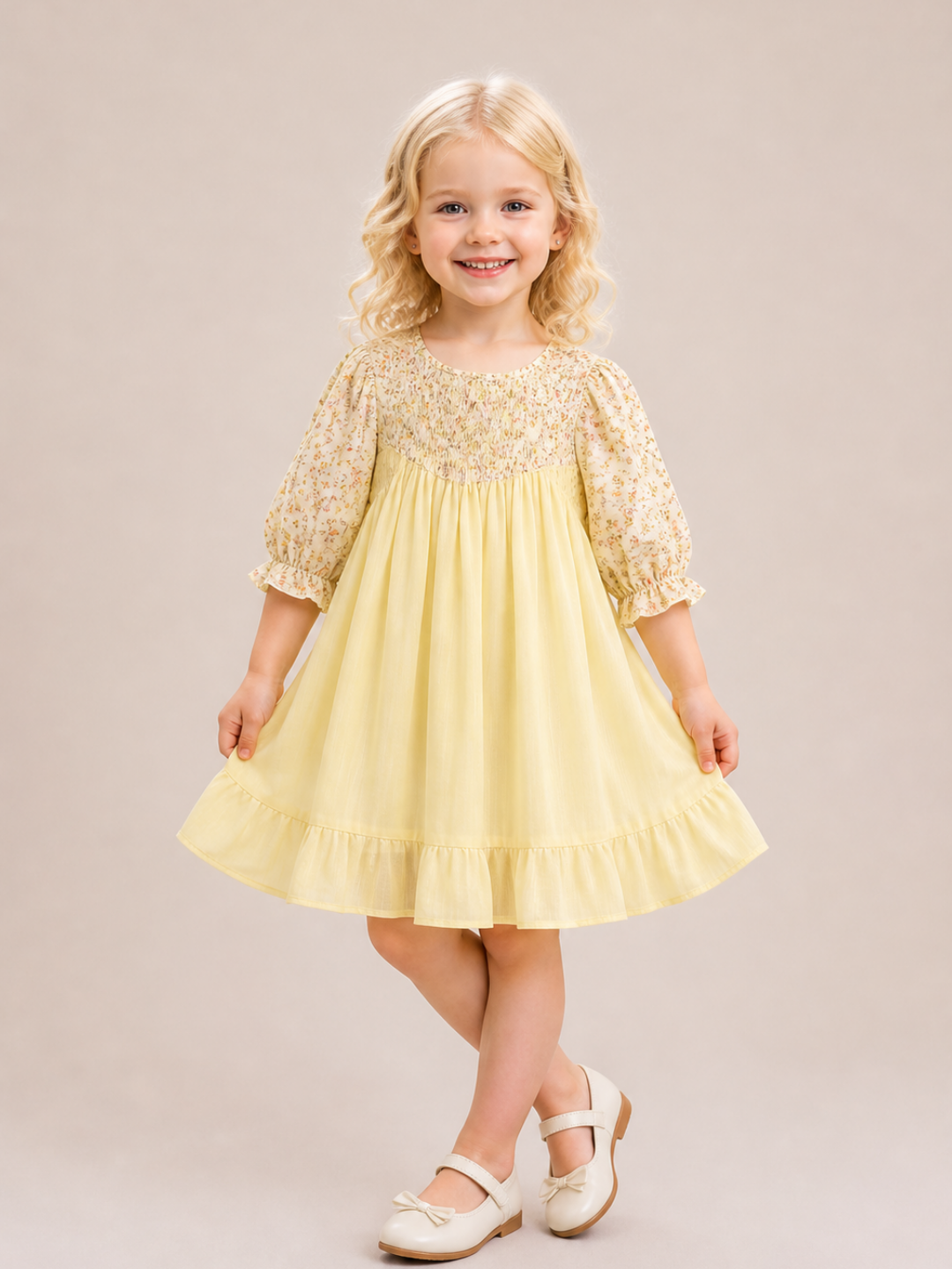 Girls Yellow Floral Cotton Dress with Smocked Yoke | Full Sleeve Casual & Party Wear Dress for Kids (2–8 Years)