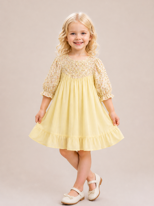 Girls Yellow Floral Cotton Dress with Smocked Yoke | Full Sleeve Casual & Party Wear Dress for Kids (2–8 Years)