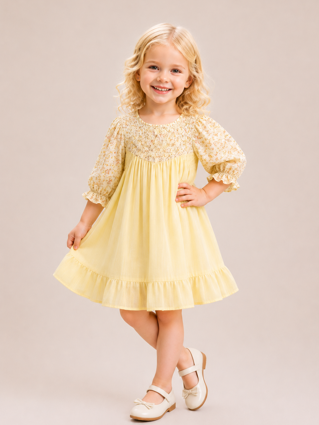 Girls Yellow Floral Cotton Dress with Smocked Yoke | Full Sleeve Casual & Party Wear Dress for Kids (2–8 Years)