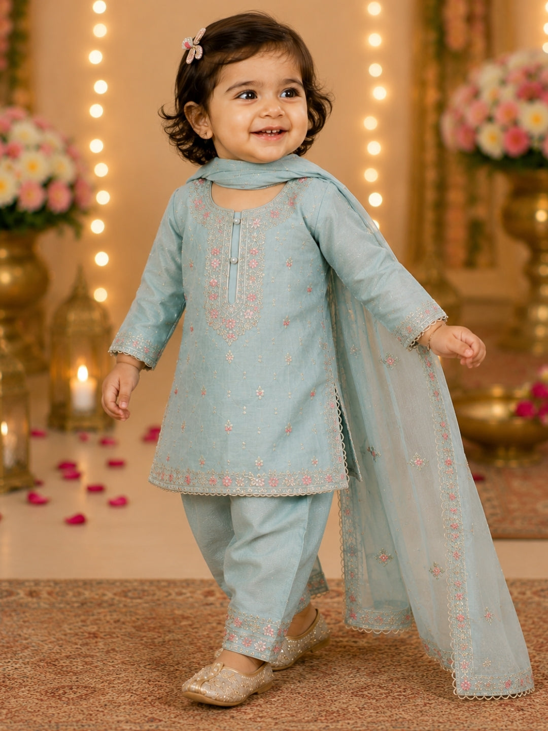 Baby Girls Sky Blue Embroidered Kurta Pant Set with Dupatta | Kids Ethnic Suit | Festive & Party Wear Traditional Dress for Girls (1- 8 Years)