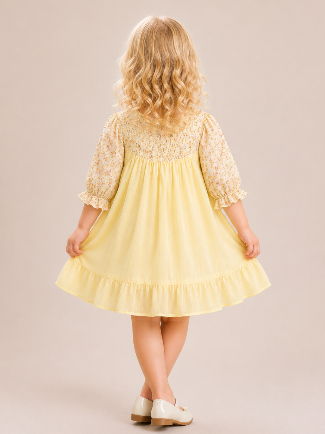 Girls Yellow Floral Cotton Dress with Smocked Yoke | Full Sleeve Casual & Party Wear Dress for Kids (2–8 Years)