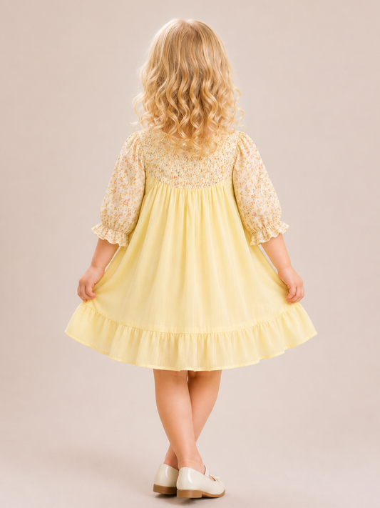 Girls Yellow Floral Cotton Dress with Smocked Yoke | Full Sleeve Casual & Party Wear Dress for Kids (2–8 Years)