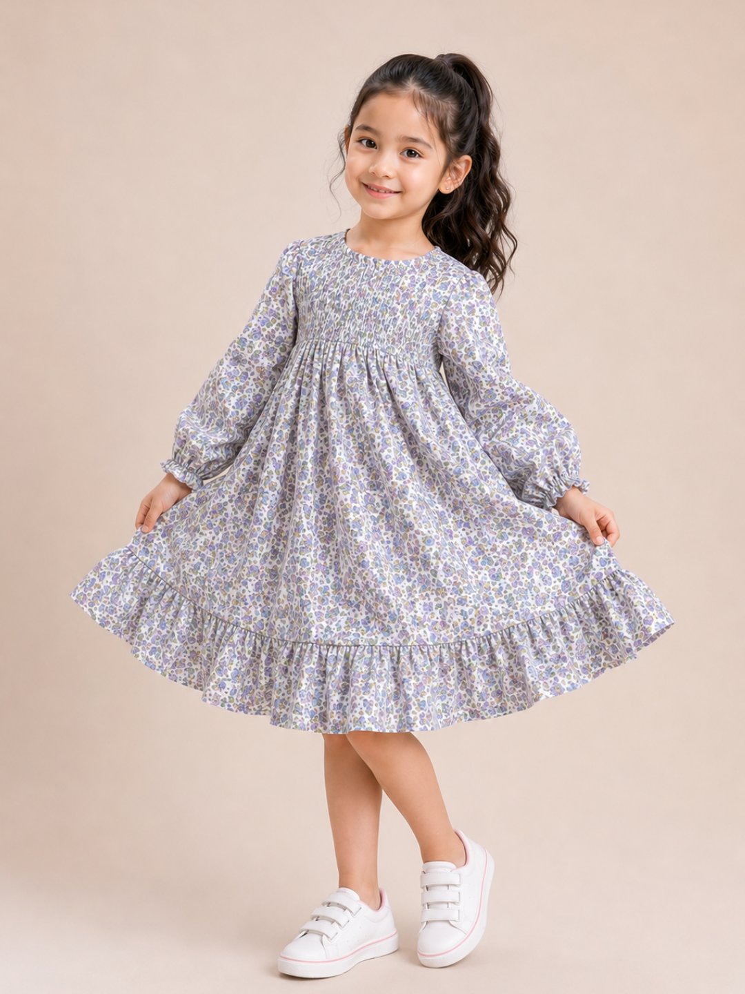 Girls Lavender Floral Smocked Cotton Dress with Ruffle Hem | Full Sleeve Party Wear Dress for Kids (2–8 Years)