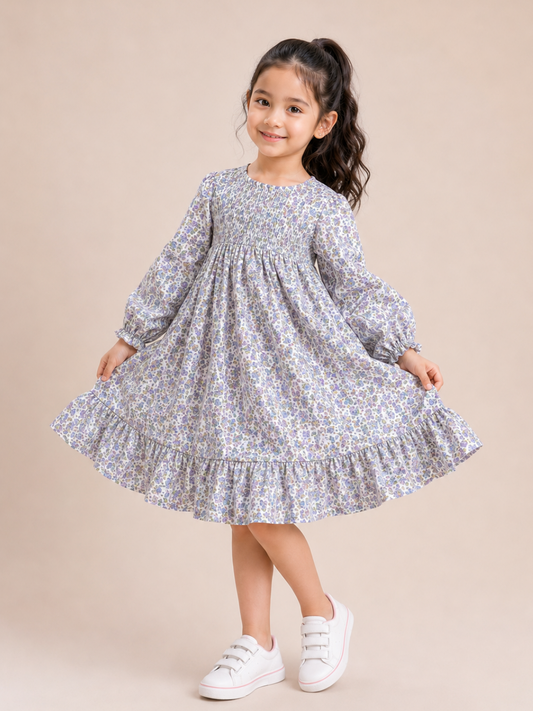 Girls Lavender Floral Smocked Cotton Dress with Ruffle Hem | Full Sleeve Party Wear Dress for Kids (2–8 Years)