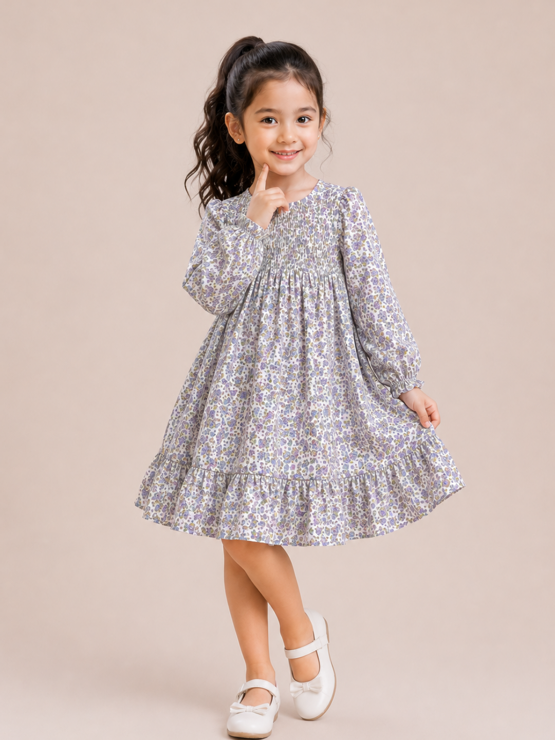 Girls Lavender Floral Smocked Cotton Dress with Ruffle Hem | Full Sleeve Party Wear Dress for Kids (2–8 Years)