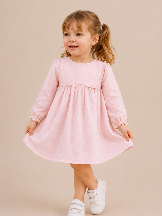 Toddler Girls Pink Swiss Dot Cotton Dress with Frill Yoke | Full Sleeve Casual & Party Wear Dress for Kids (1–5 Years)