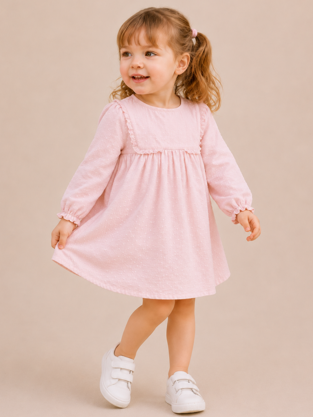 Toddler Girls Pink Swiss Dot Cotton Dress with Frill Yoke | Full Sleeve Casual & Party Wear Dress for Kids (1–5 Years)