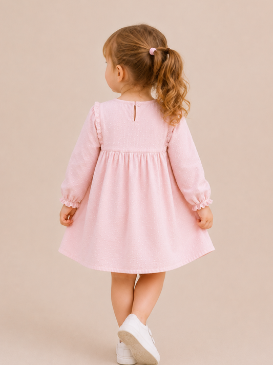 Toddler Girls Pink Swiss Dot Cotton Dress with Frill Yoke | Full Sleeve Casual & Party Wear Dress for Kids (1–5 Years)